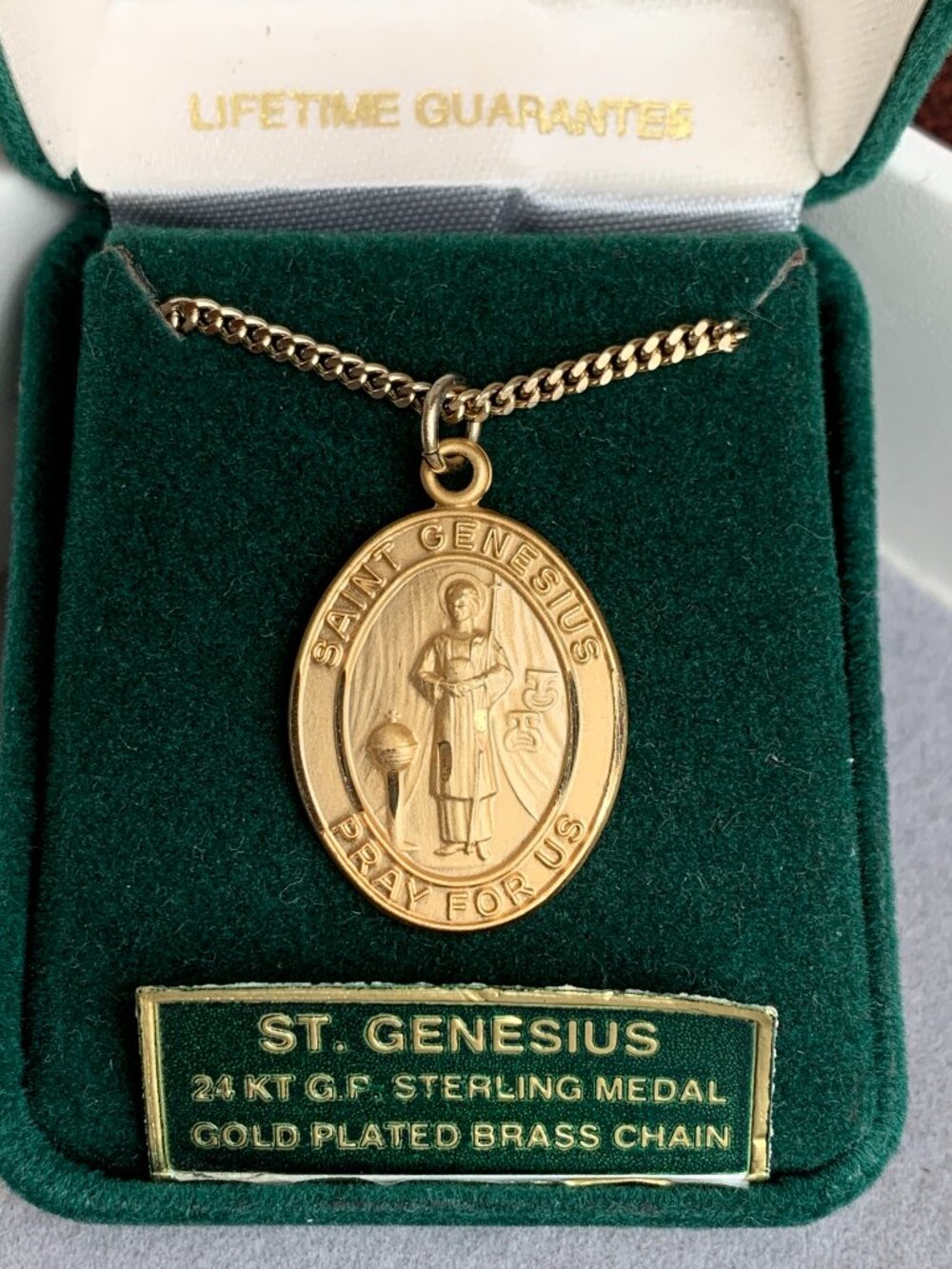 24kt Gold-Plated St. Genesius Medal Oval w/ 24" Gold‑plated Brass Chain by Jewel